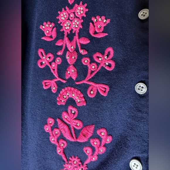 J Crew Jackie Cardigan Navy Pink Floral Embroidery Cardigan Large - Picture 4 of 5